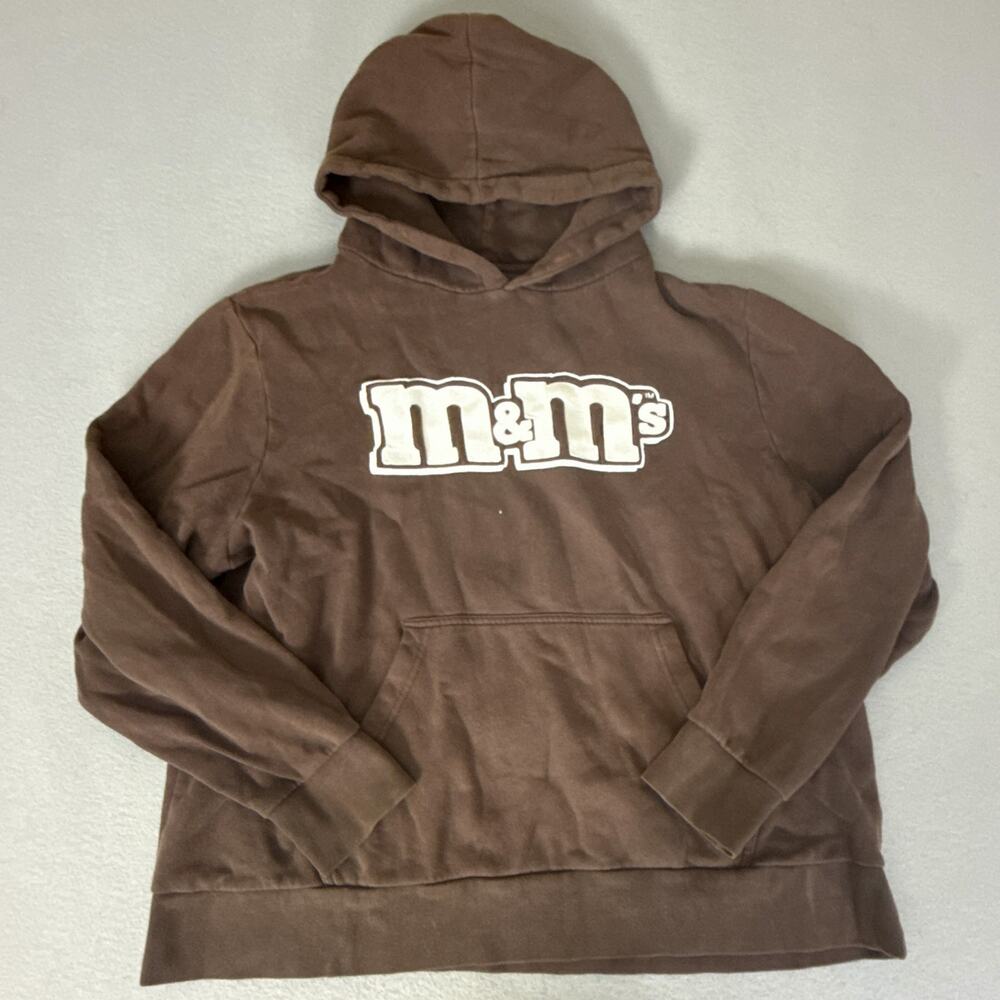 Authentic M&M’s Brown Pullover Hoodie Sweatshirt Logo Front Kangaroo Pocket Sz L